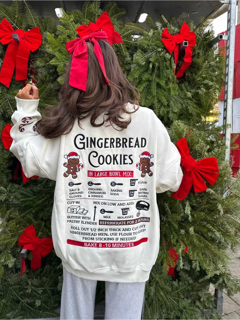 Gingerbread Cookies Embroidered Crew Neck Sweatshirt - Cream with Red & Brown